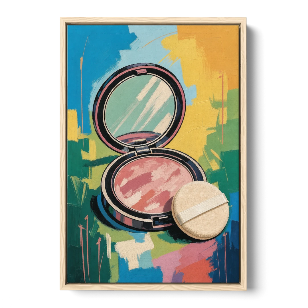 Pink Bathroom Wall Art with an Open Powder Compact - Oak Framed Canvas Wall Art - Front