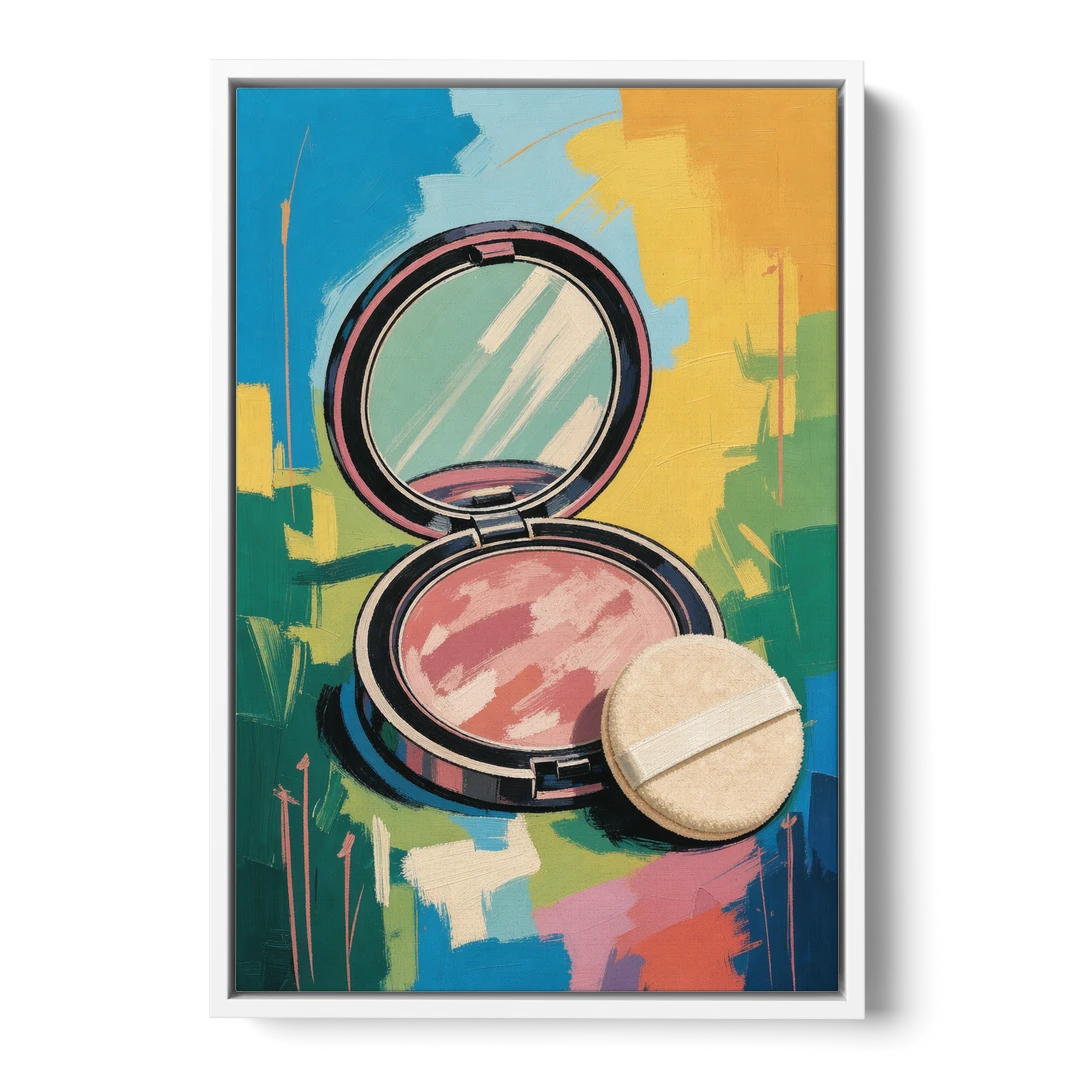 Pink Bathroom Wall Art with an Open Powder Compact - White Framed Canvas Wall Art - Front