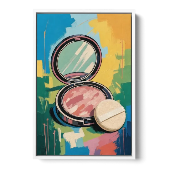 Pink Bathroom Wall Art with an Open Powder Compact - White Framed Canvas Wall Art - Front