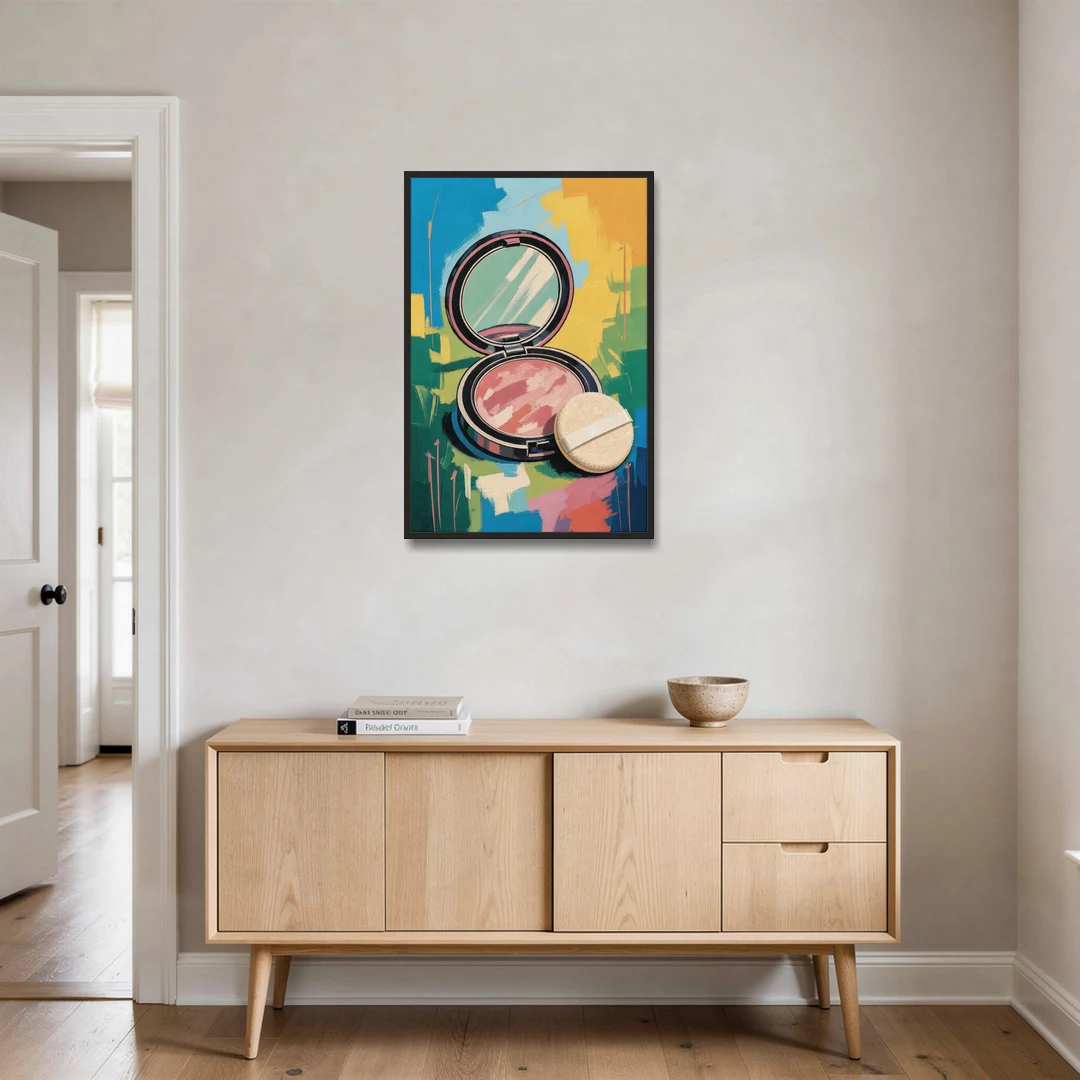 Pink Bathroom Wall Art with an Open Powder Compact - Black Framed Canvas Wall Art - Coffee Table - 24x36