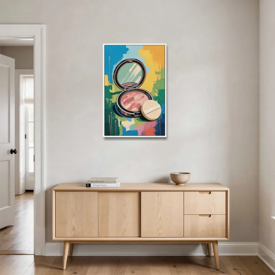 Pink Bathroom Wall Art with an Open Powder Compact - White Framed Canvas Wall Art - Coffee Table - 24x36