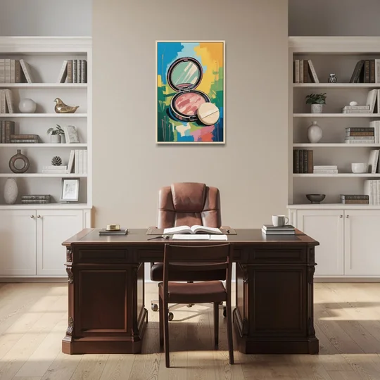 Pink Bathroom Wall Art with an Open Powder Compact - Oak Framed Canvas Wall Art - Office - 24x36