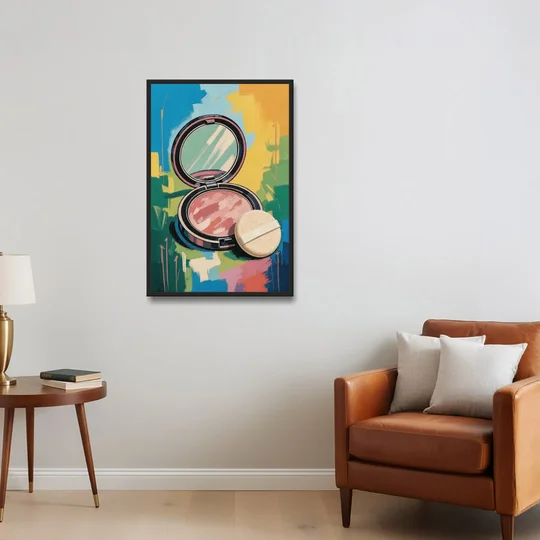 Pink Bathroom Wall Art with an Open Powder Compact - Black Framed Canvas Wall Art - Sofa - 24x36