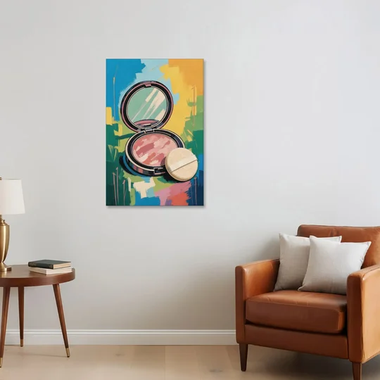 Pink Bathroom Wall Art with an Open Powder Compact - Canvas Wall Art - Sofa - 24x36