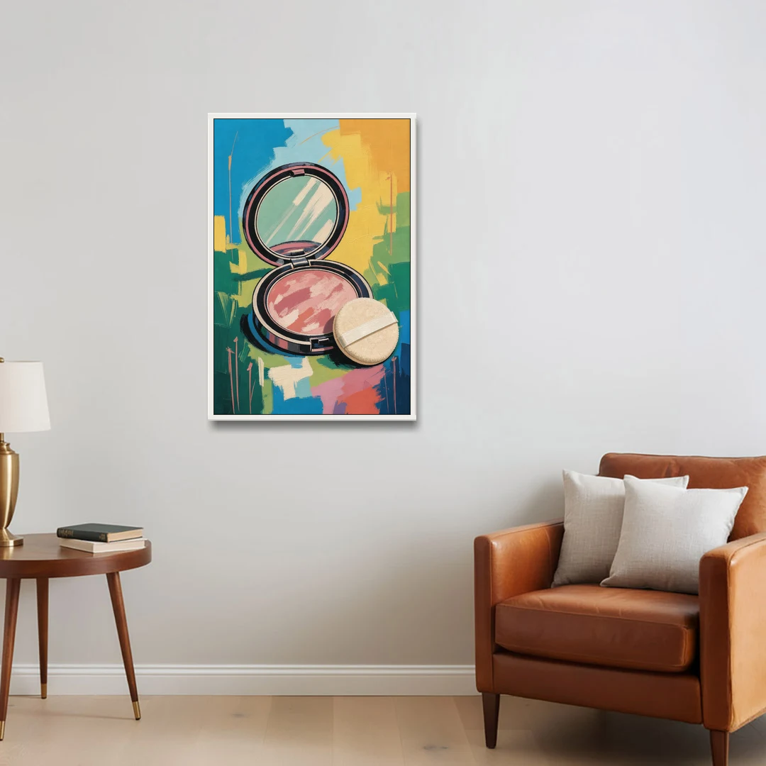 Pink Bathroom Wall Art with an Open Powder Compact - White Framed Canvas Wall Art - Sofa - 24x36