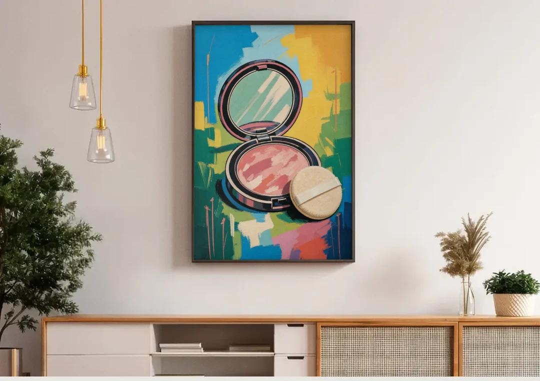 Pink Bathroom Wall Art with an Open Powder Compact canvas wall art above a wooden sideboard under pendant lights