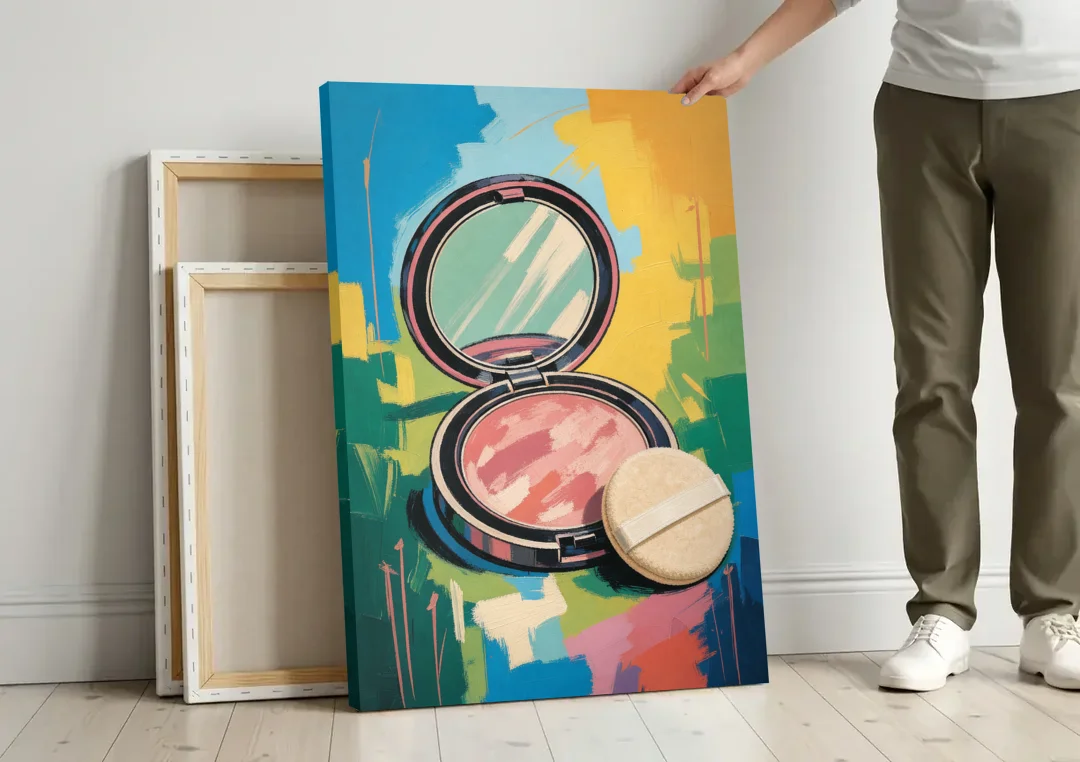 Pink Bathroom Wall Art with an Open Powder Compact canvas wall art leaning against a wall next to blank canvases