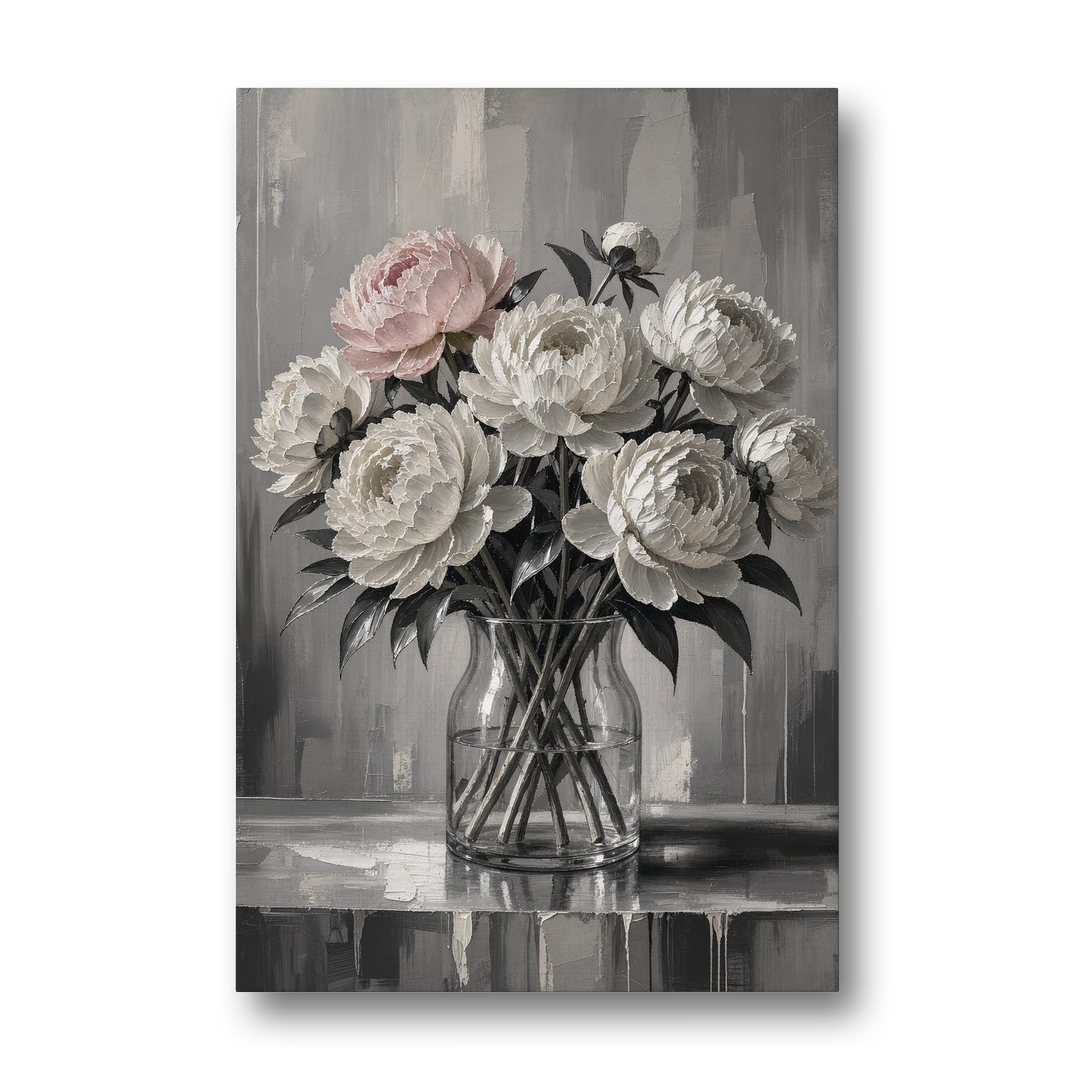 Pink Black and White Wall Art of Peonies - Canvas Wall Art - Front