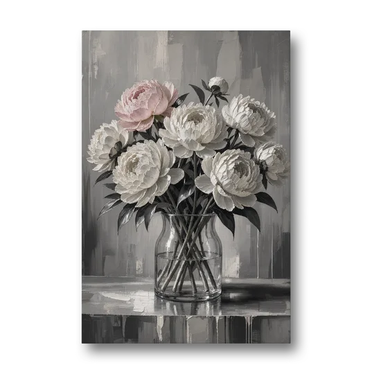 Pink Black and White Wall Art of Peonies - Canvas Wall Art - Front