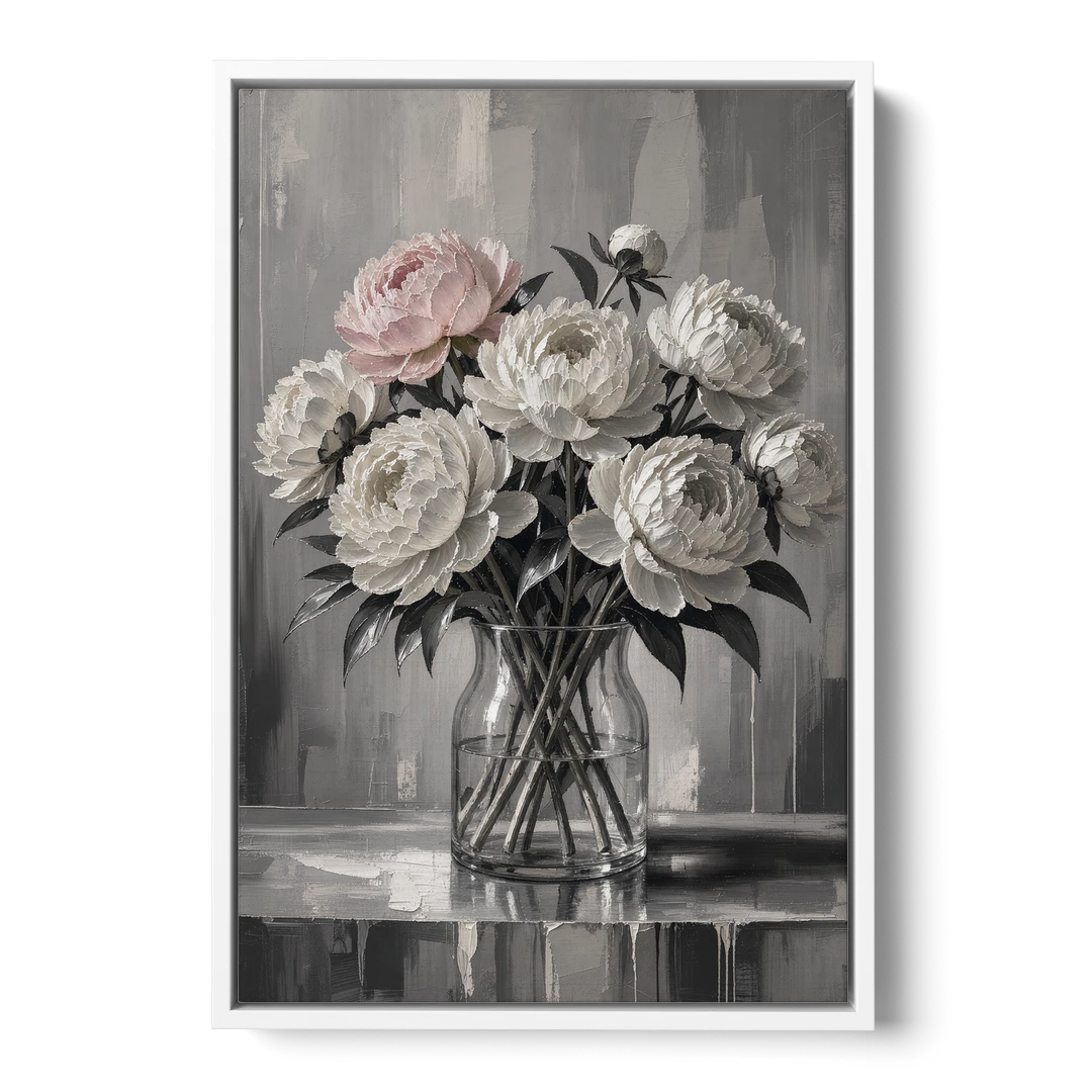 Pink Black and White Wall Art of Peonies - White Framed Canvas Wall Art - Front