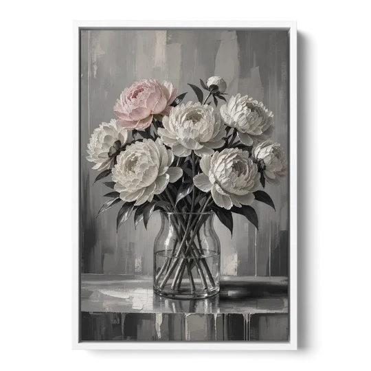 Pink Black and White Wall Art of Peonies - White Framed Canvas Wall Art - Front