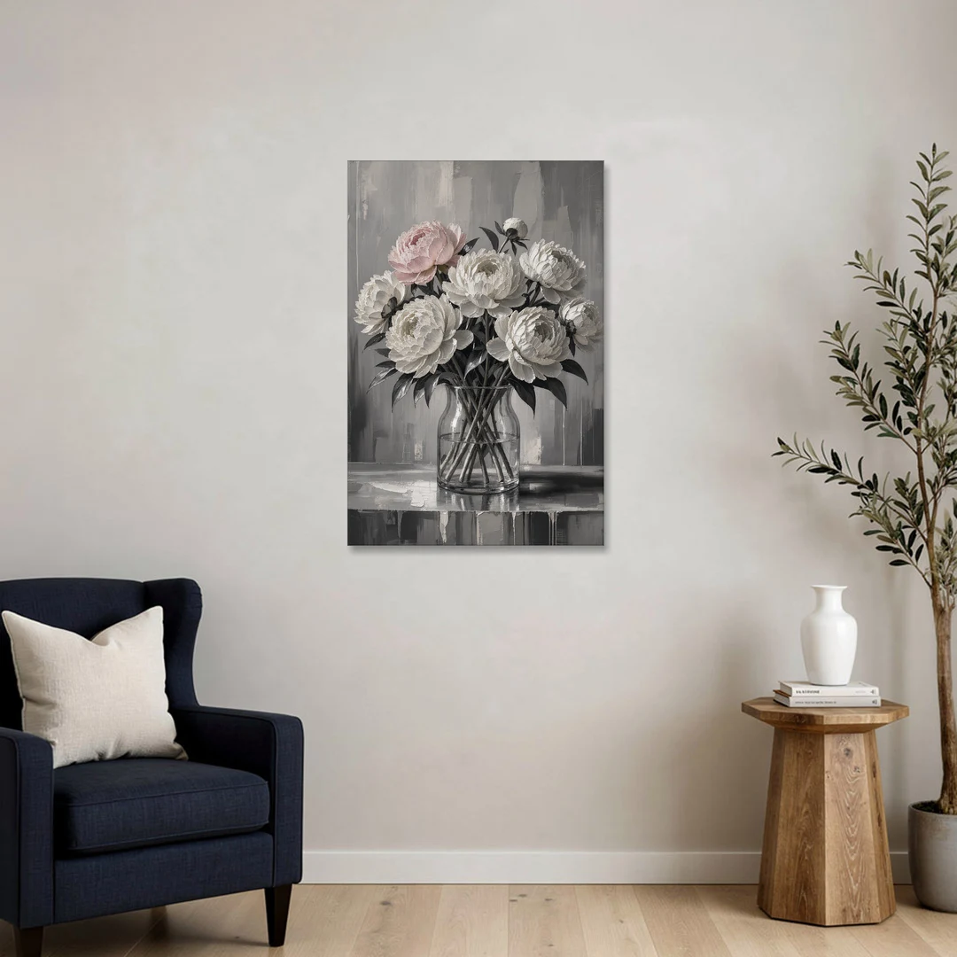 Pink Black and White Wall Art of Peonies - Canvas Wall Art - Sofa - 24x36