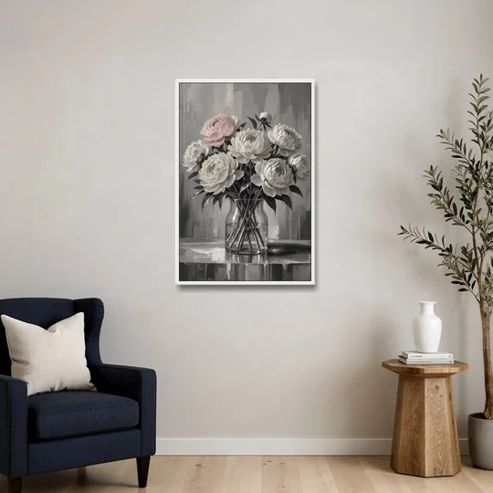 Pink Black and White Wall Art of Peonies - White Framed Canvas Wall Art - Sofa - 24x36