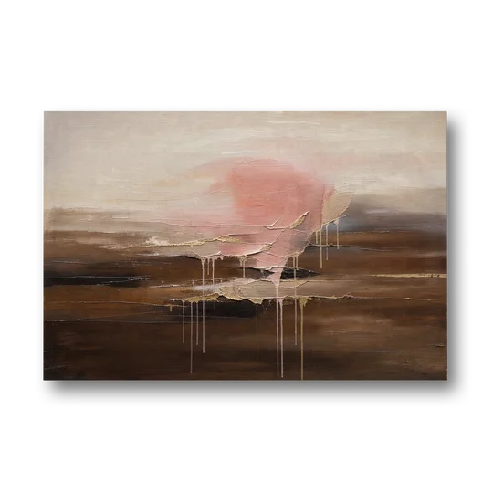 Pink Brown Wall Art with Blush Cloud and Gold Drips - Canvas Wall Art - Front