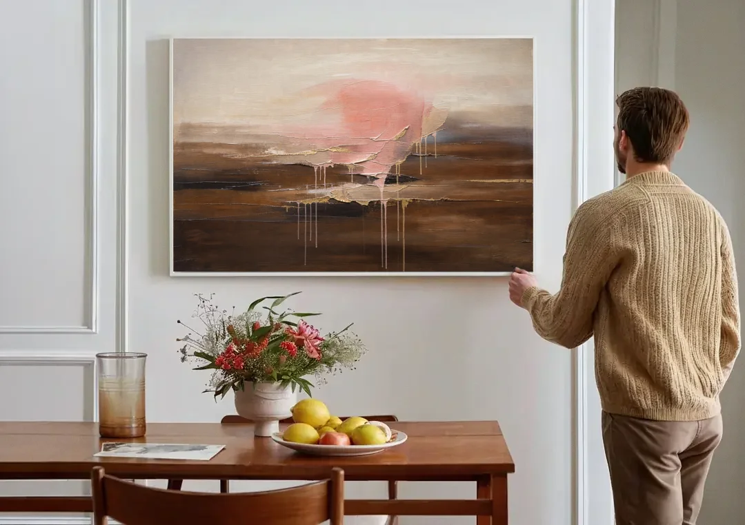 Pink Brown Wall Art with Blush Cloud and Gold Drips canvas wall art above a dining table