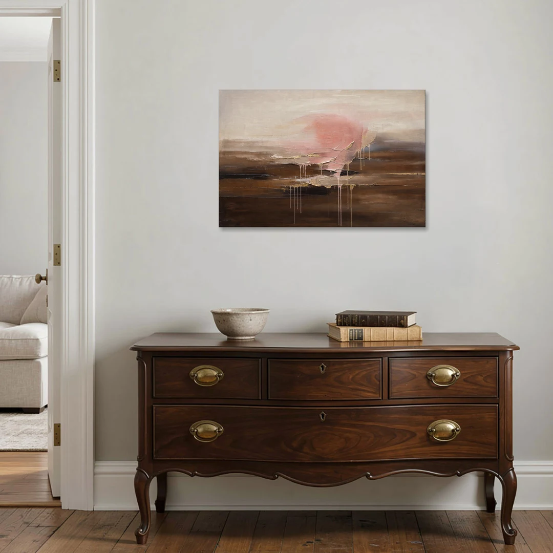 Pink Brown Wall Art with Blush Cloud and Gold Drips - Canvas Wall Art - Coffee Table - 36x24