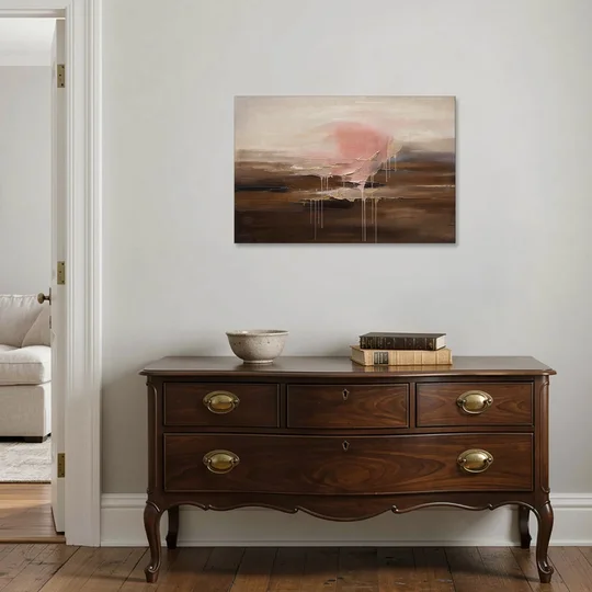 Pink Brown Wall Art with Blush Cloud and Gold Drips - Canvas Wall Art - Coffee Table - 36x24