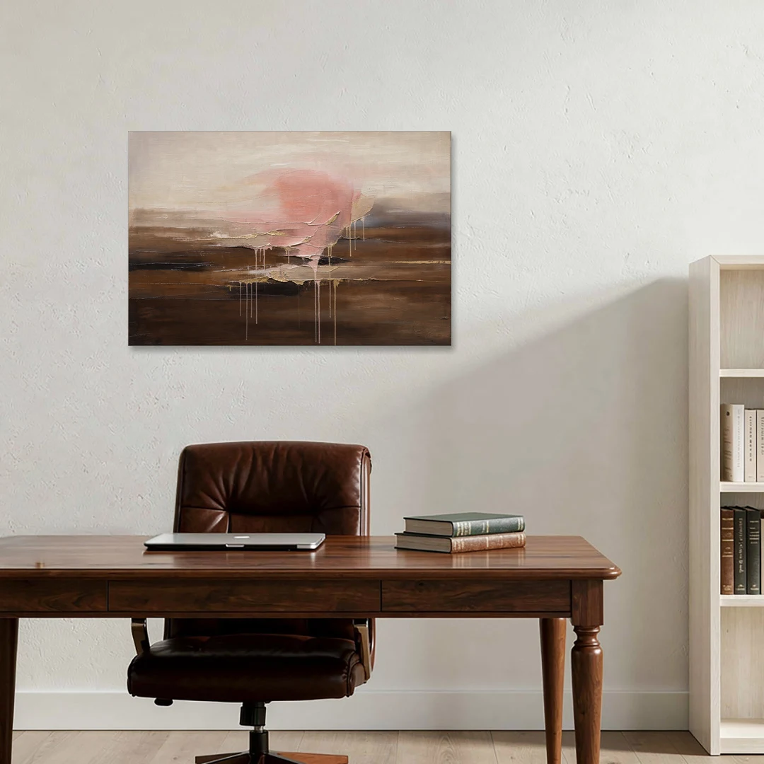 Pink Brown Wall Art with Blush Cloud and Gold Drips - Canvas Wall Art - Office - 36x24