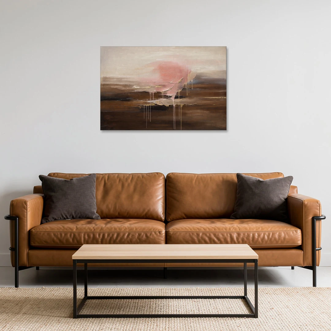 Pink Brown Wall Art with Blush Cloud and Gold Drips - Canvas Wall Art - Sofa - 36x24