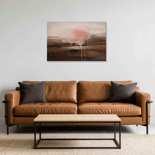 Pink Brown Wall Art with Blush Cloud and Gold Drips - Canvas Wall Art - Sofa - 36x24