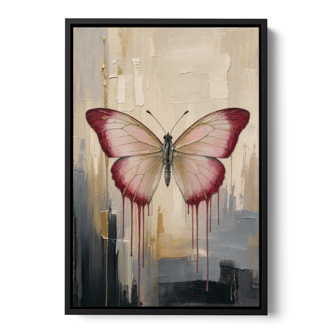 Pink Butterfly with Crimson Drips - Black Framed Canvas Wall Art - Front