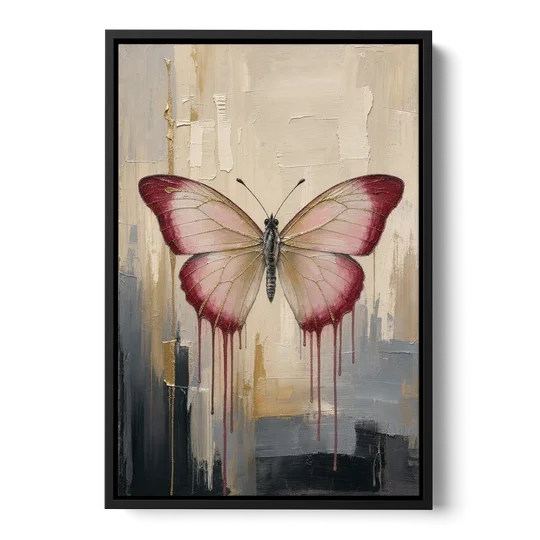 Pink Butterfly with Crimson Drips - Black Framed Canvas Wall Art - Front