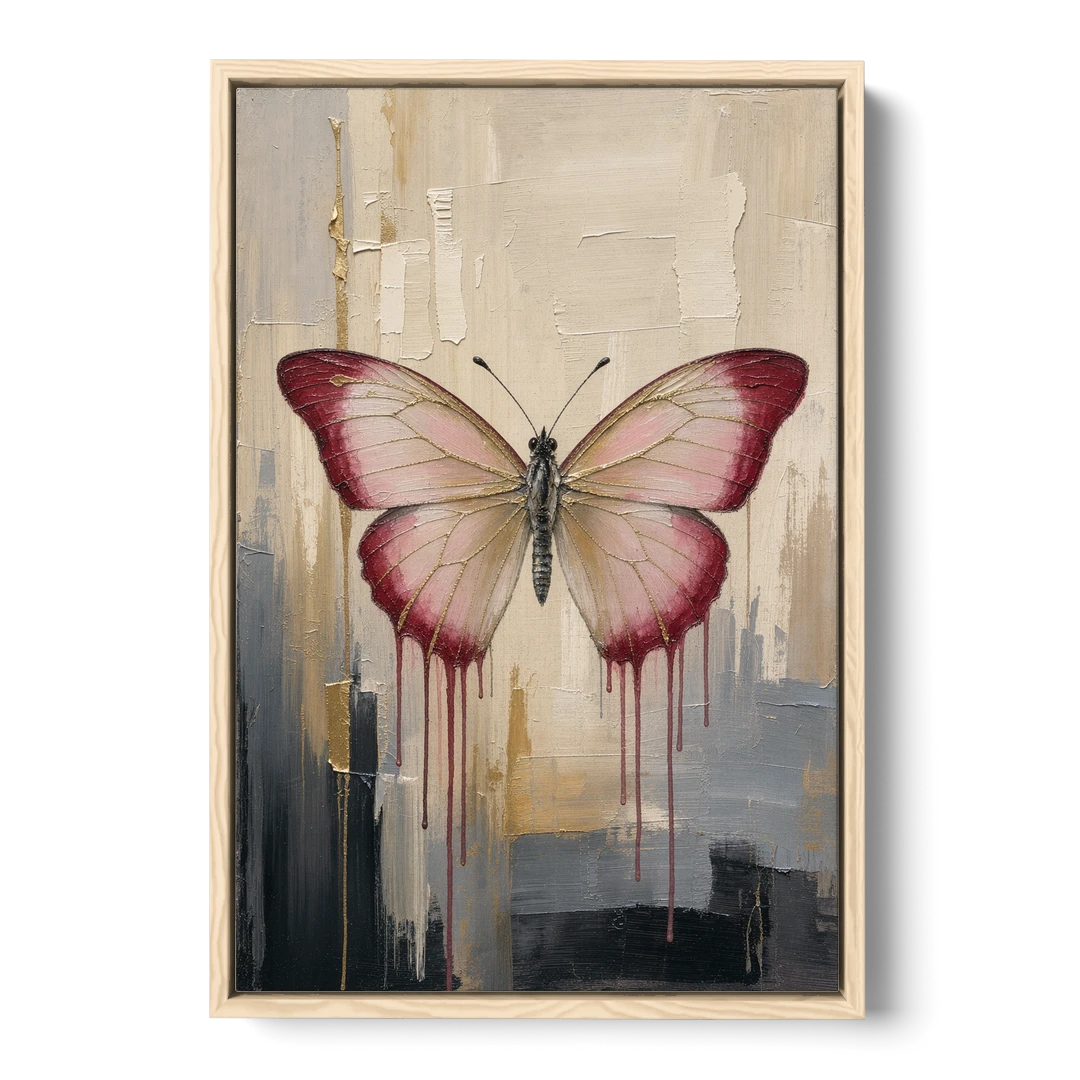 Pink Butterfly with Crimson Drips - Oak Framed Canvas Wall Art - Front