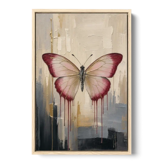 Pink Butterfly with Crimson Drips - Oak Framed Canvas Wall Art - Front