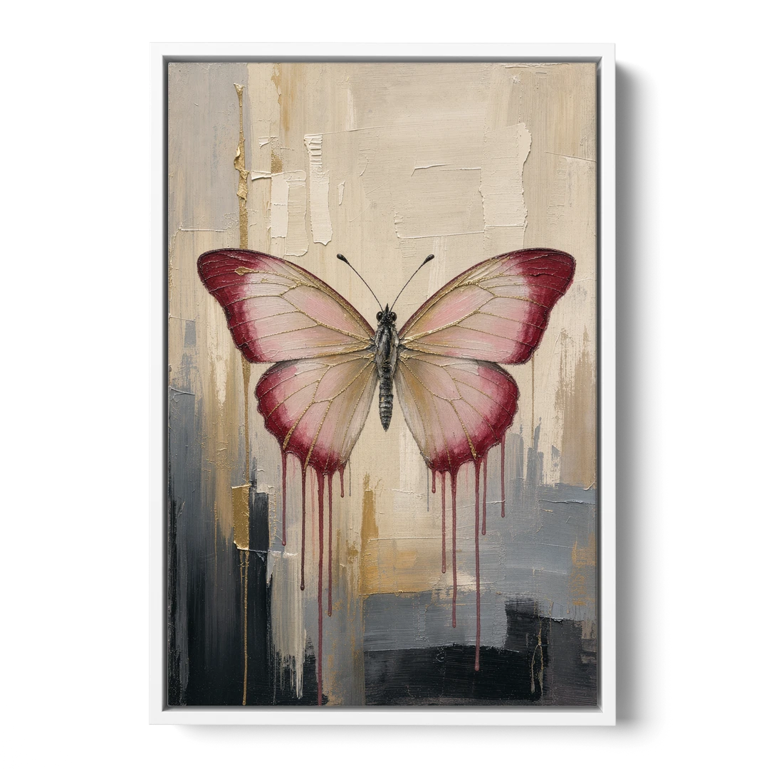 Pink Butterfly with Crimson Drips - White Framed Canvas Wall Art - Front