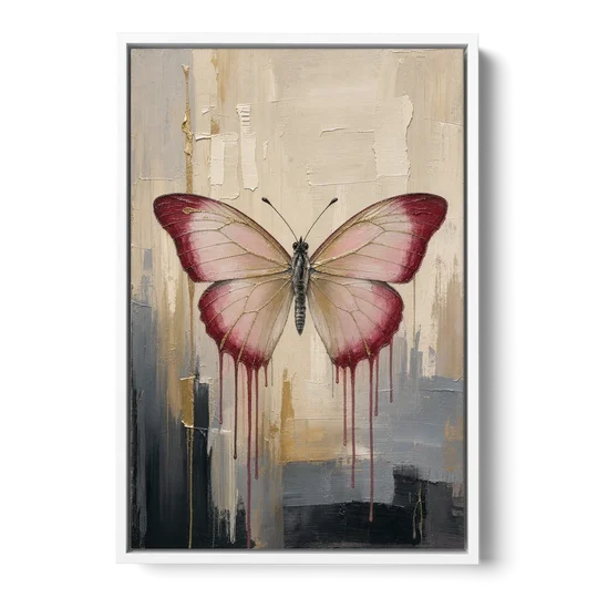 Pink Butterfly with Crimson Drips - White Framed Canvas Wall Art - Front