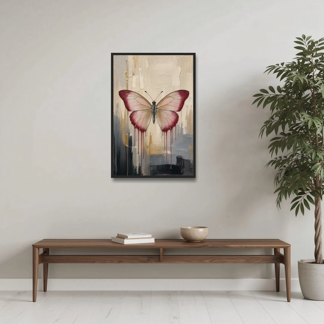 Pink Butterfly with Crimson Drips - Black Framed Canvas Wall Art - Coffee Table - 24x36