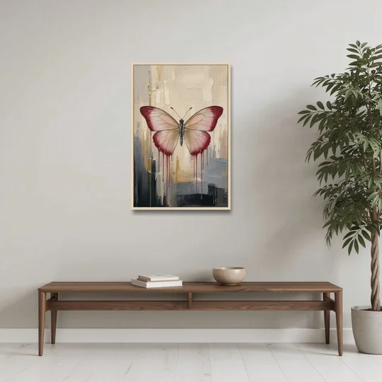 Pink Butterfly with Crimson Drips - Oak Framed Canvas Wall Art - Coffee Table - 24x36