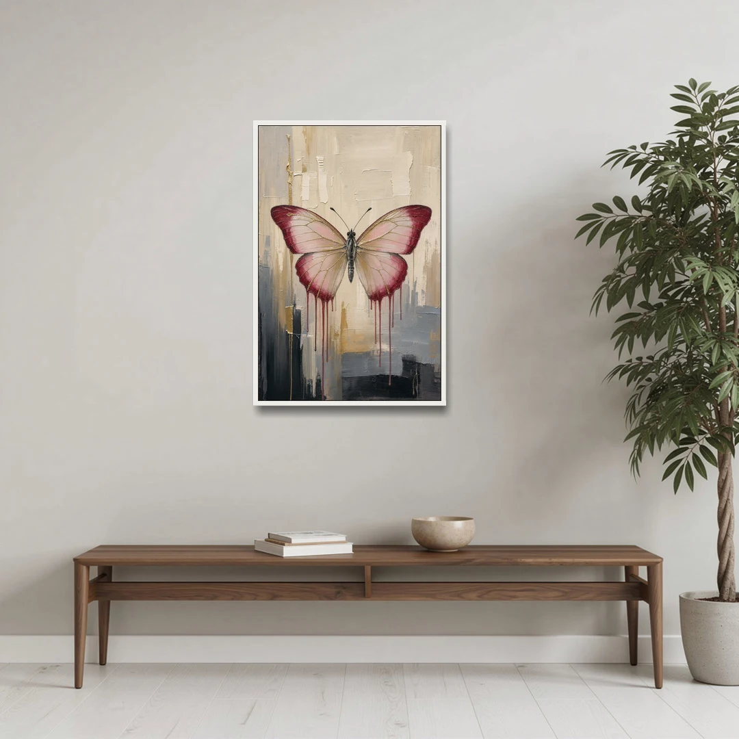 Pink Butterfly with Crimson Drips - White Framed Canvas Wall Art - Coffee Table - 24x36