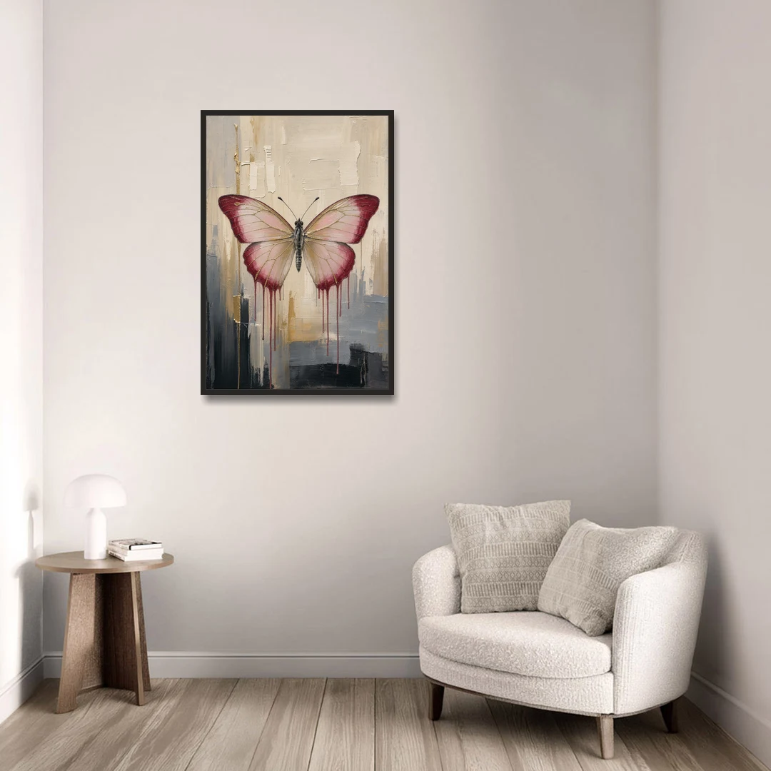 Pink Butterfly with Crimson Drips - Black Framed Canvas Wall Art - Sofa - 24x36