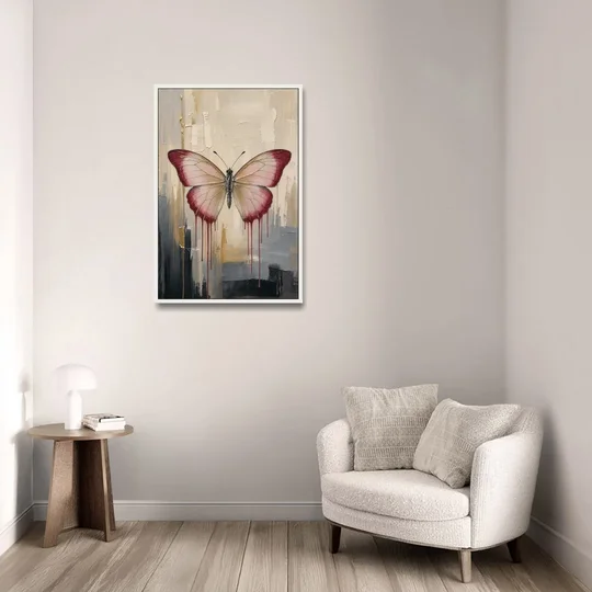 Pink Butterfly with Crimson Drips - White Framed Canvas Wall Art - Sofa - 24x36