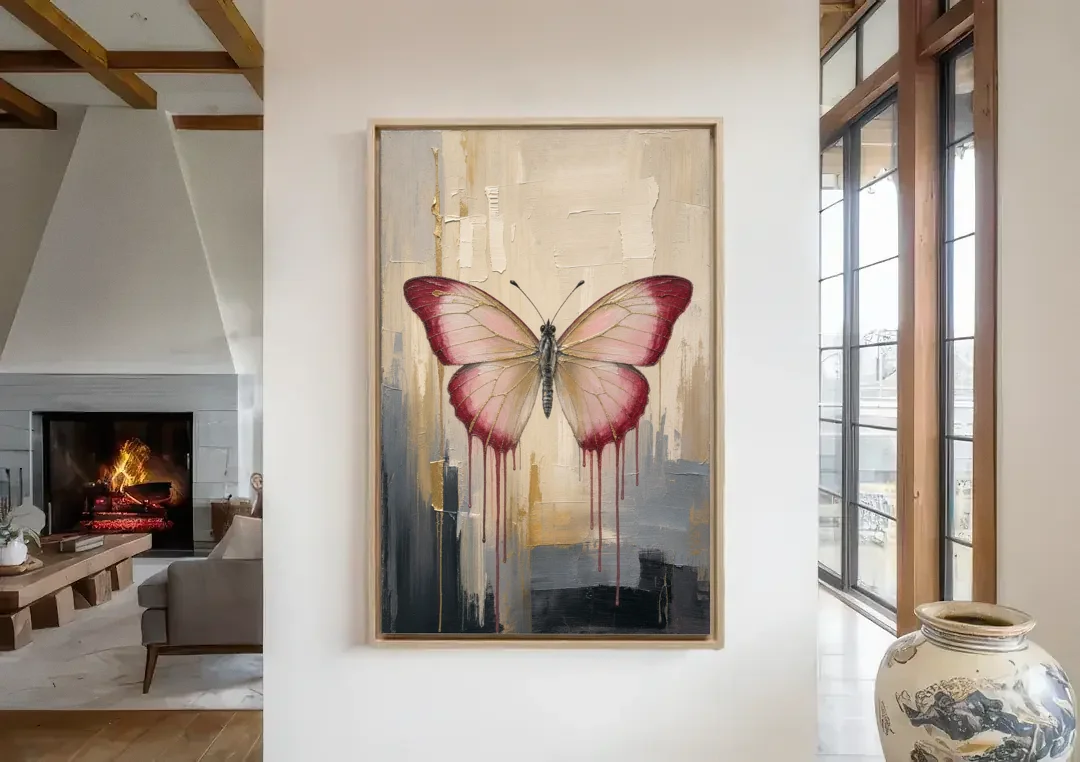 Pink Butterfly with Crimson Drips canvas wall art in a living room with a fireplace