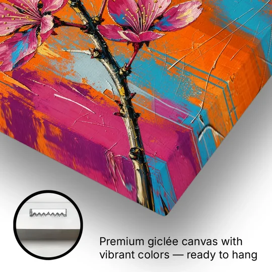 Pink Cherry Blossom Painting in Blazing Color - Canvas Wall Art - Gallery Wrap Corner