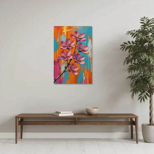 Pink Cherry Blossom Painting in Blazing Color - Canvas Wall Art - Coffee Table - 24x36