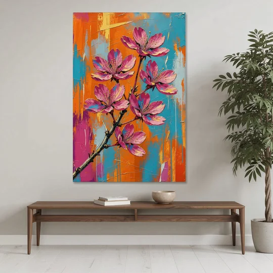 Pink Cherry Blossom Painting in Blazing Color - Canvas Wall Art - Coffee Table - 40x60