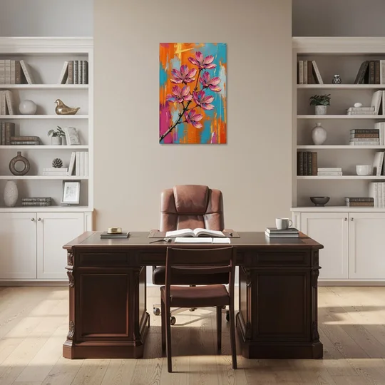 Pink Cherry Blossom Painting in Blazing Color - Canvas Wall Art - Office - 24x36
