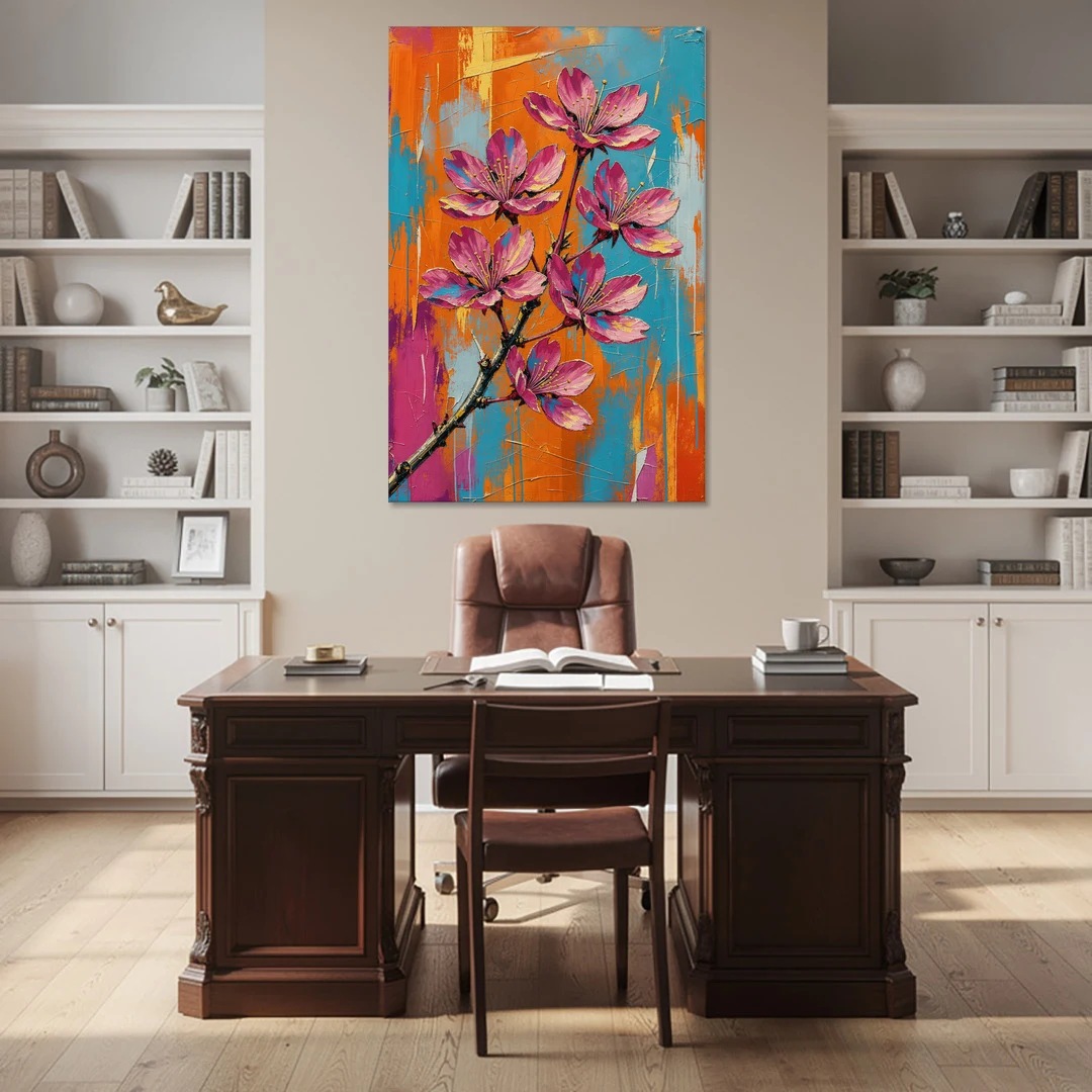 Pink Cherry Blossom Painting in Blazing Color - Canvas Wall Art - Office - 40x60