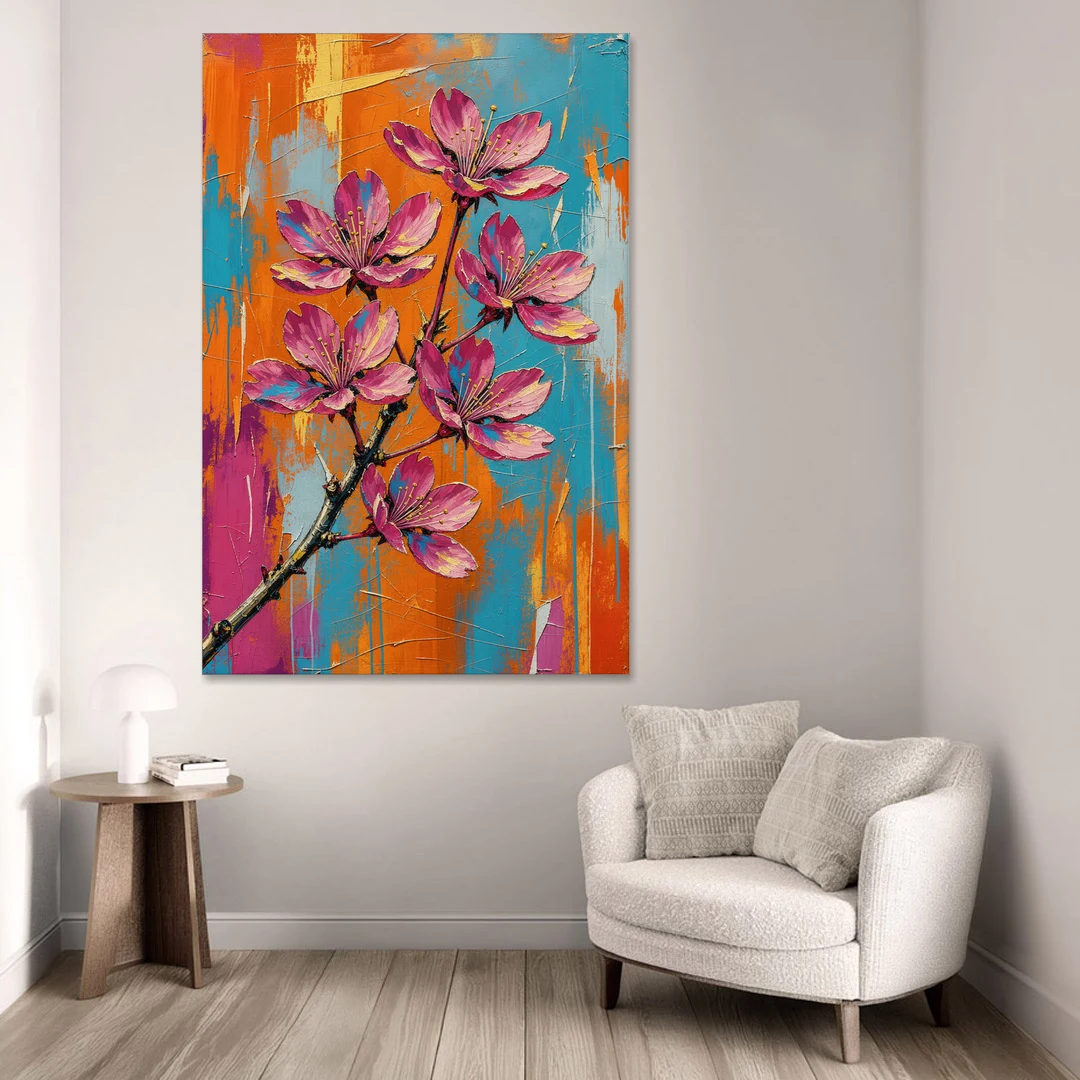 Pink Cherry Blossom Painting in Blazing Color - Canvas Wall Art - Sofa - 40x60