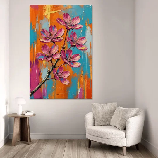 Pink Cherry Blossom Painting in Blazing Color - Canvas Wall Art - Sofa - 40x60
