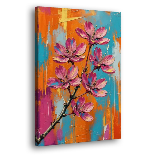 Pink Cherry Blossom Painting in Blazing Color - Canvas Wall Art - Side
