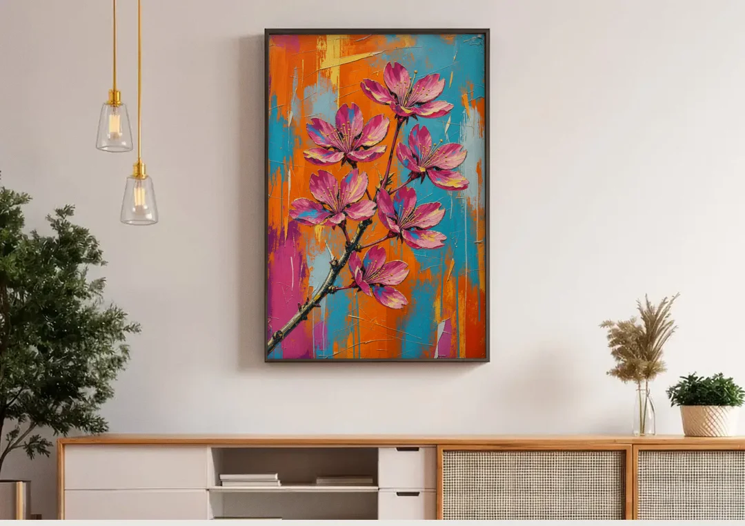 Pink Cherry Blossom Painting in Blazing Color canvas wall art above a wooden sideboard under pendant lights