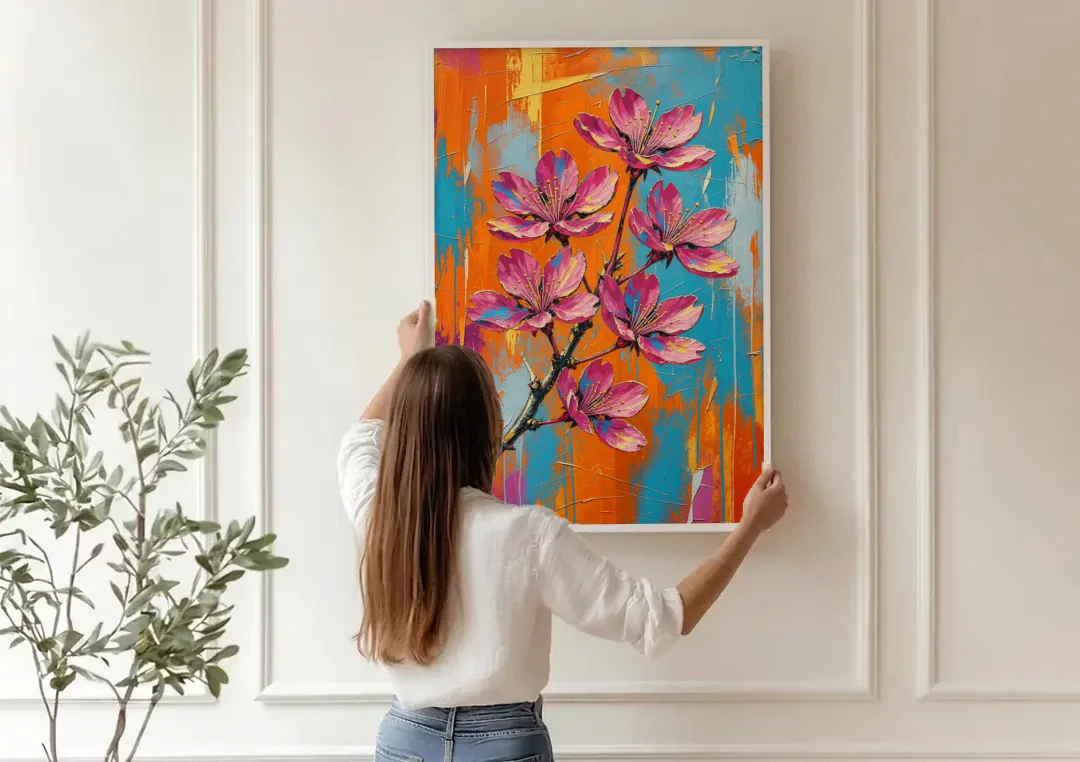Pink Cherry Blossom Painting in Blazing Color canvas wall art being hung on a paneled wall