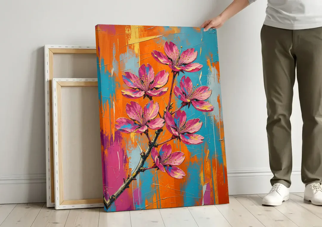 Pink Cherry Blossom Painting in Blazing Color canvas wall art leaning against a wall next to blank canvases