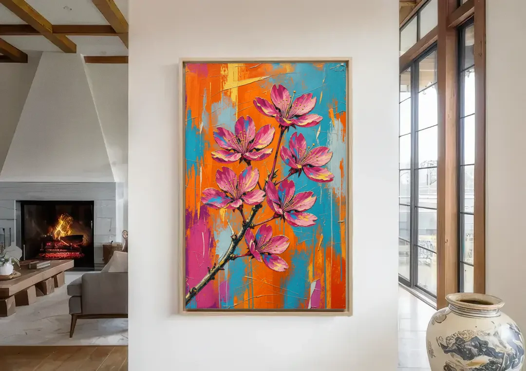 Pink Cherry Blossom Painting in Blazing Color canvas wall art in a living room with a fireplace