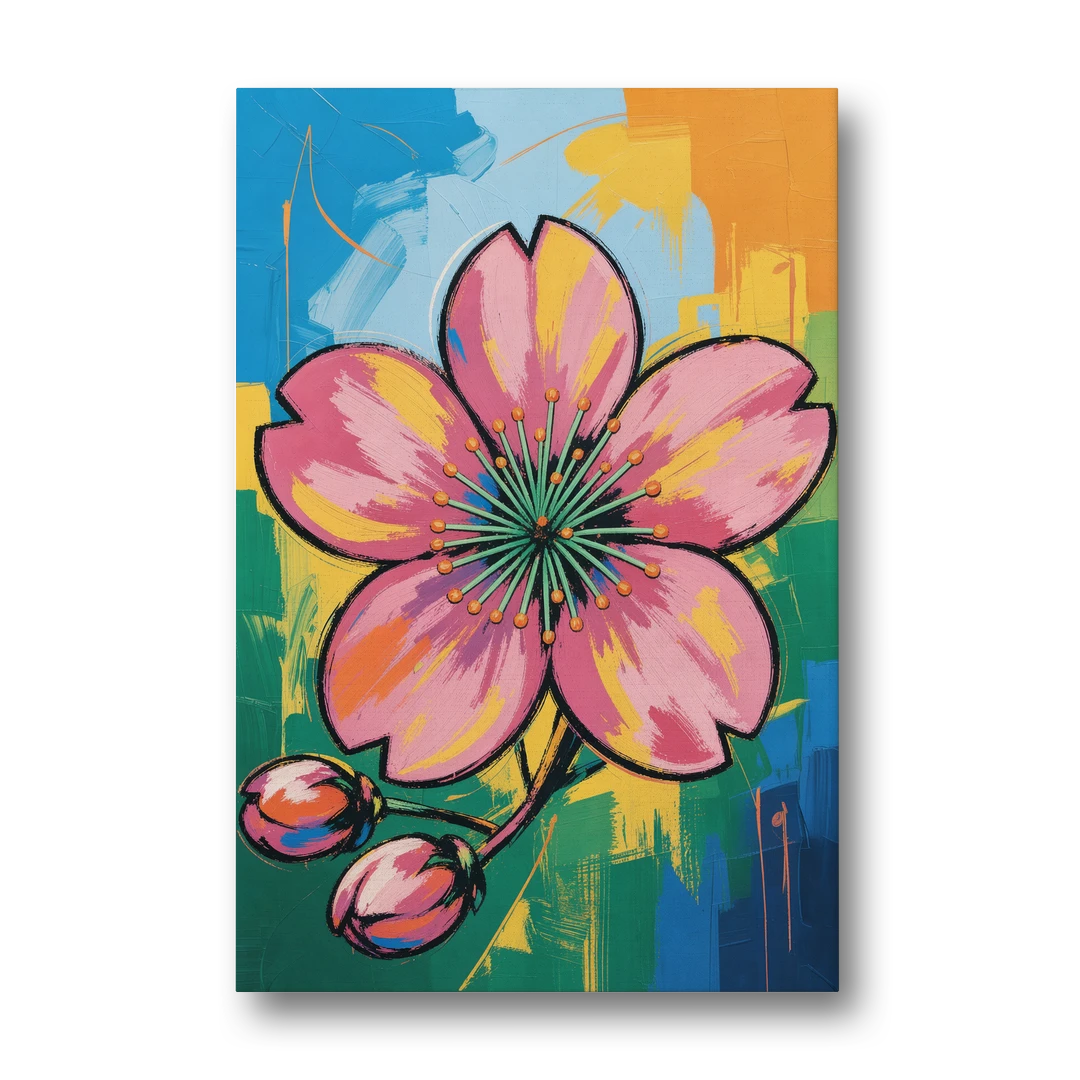 Pop Art Pink Cherry Blossom with Color Blocks - Canvas Wall Art - Front