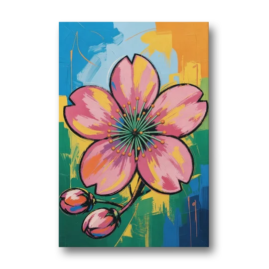 Pop Art Pink Cherry Blossom with Color Blocks - Canvas Wall Art - Front
